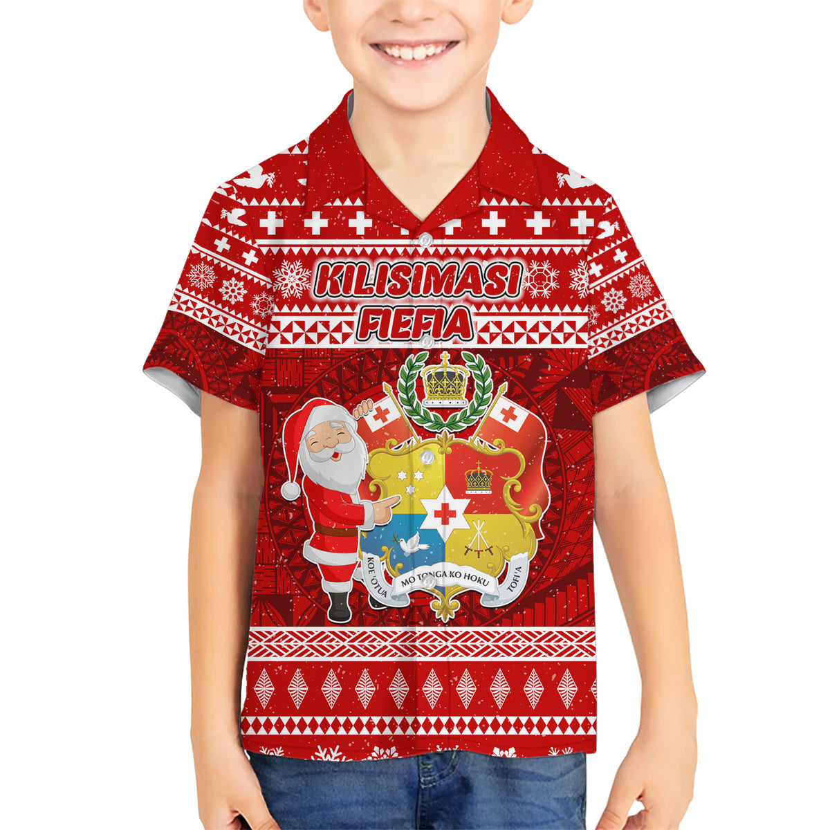 Personalized Tonga Christmas Kid Hawaiian Shirt Kilisimasi Fiefia Santas Coat Of Arms LT05 Kid Red - Polynesian Pride