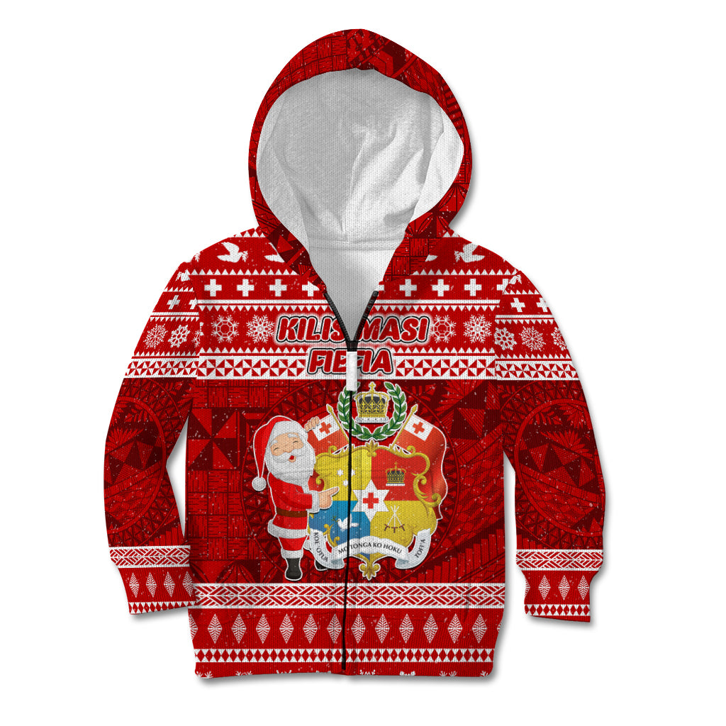 Personalized Tonga Christmas Kid Hoodie Kilisimasi Fiefia Santas Coat Of Arms LT05 Zip Hoodie Red - Polynesian Pride