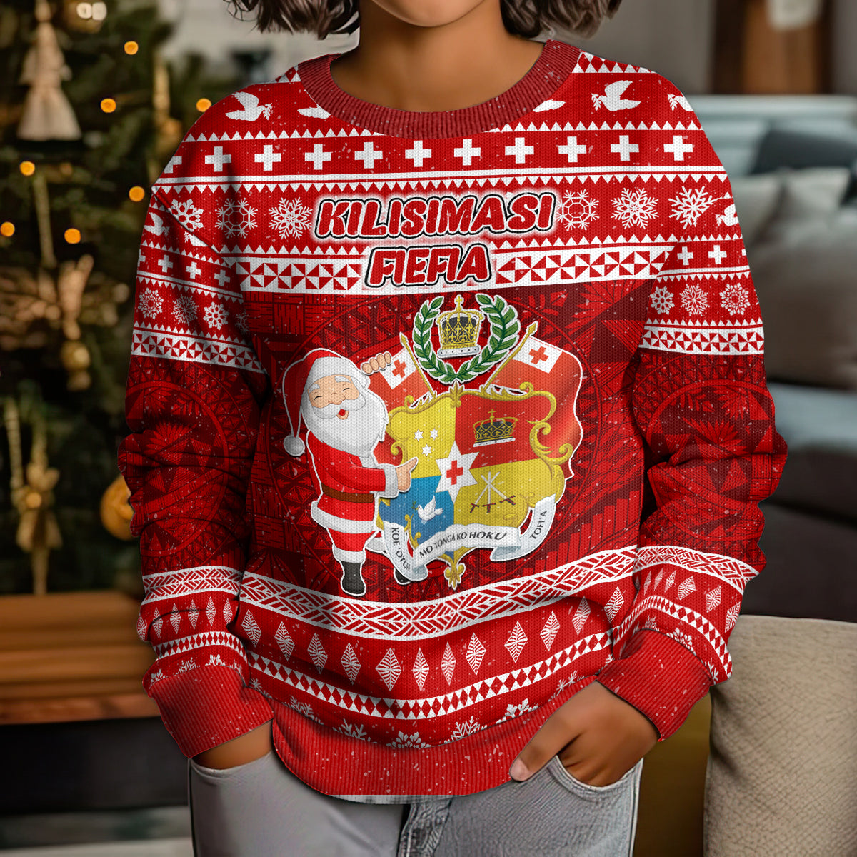 Personalised Tonga Christmas Kid Ugly Christmas Sweater Kilisimasi Fiefia Santas Coat Of Arms LT05 - Polynesian Pride