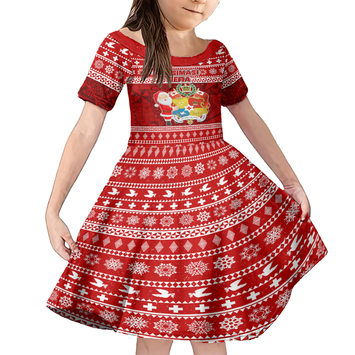 Personalized Tonga Christmas Kid Short Sleeve Dress Kilisimasi Fiefia Santas Coat Of Arms LT05 KID Red - Polynesian Pride