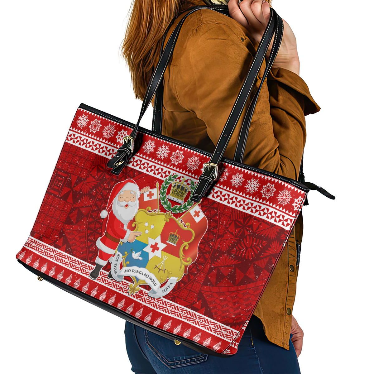 Tonga Christmas Leather Tote Bag Kilisimasi Fiefia Santas Coat Of Arms LT05 - Polynesian Pride