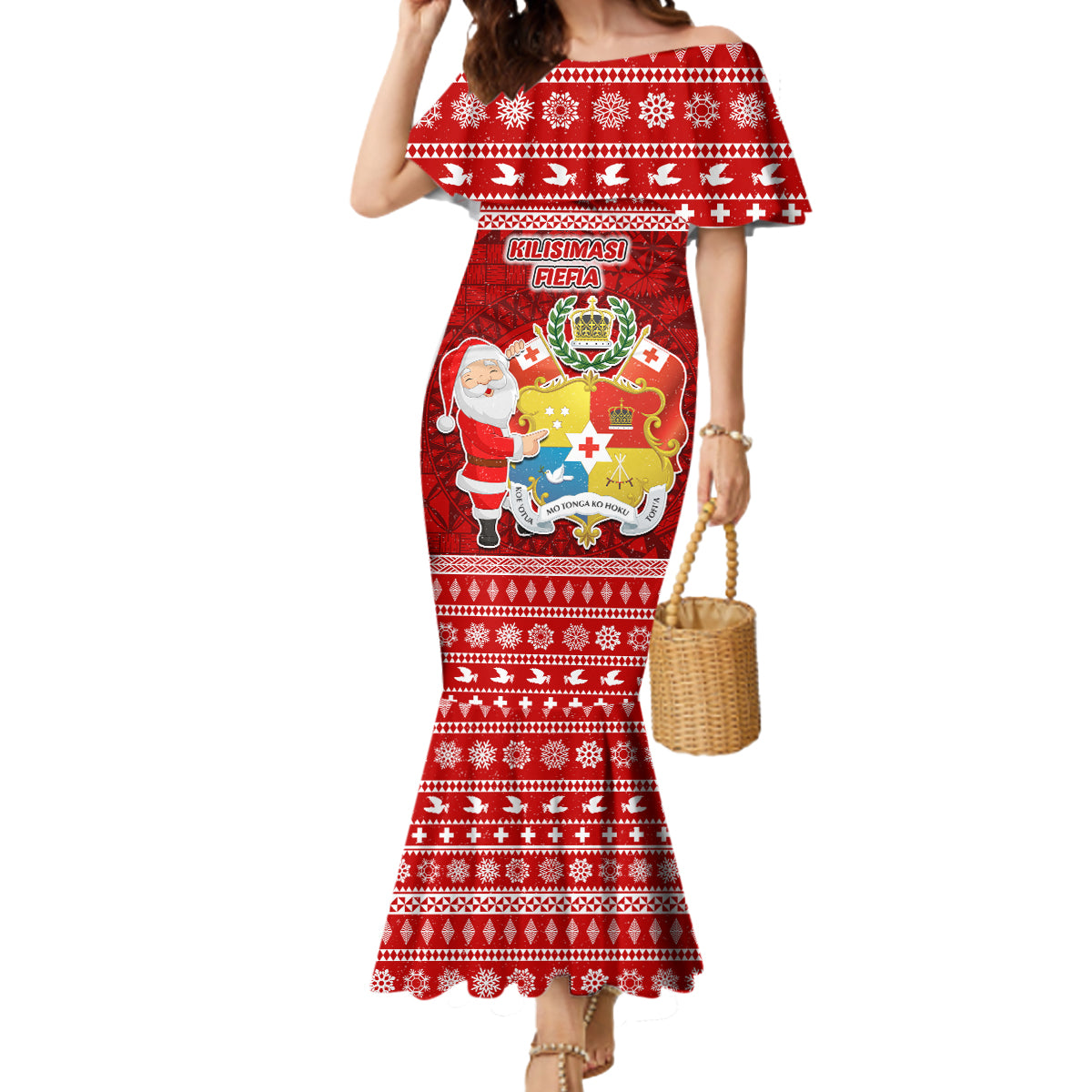 Personalized Tonga Christmas Mermaid Dress Kilisimasi Fiefia Santas Coat Of Arms LT05 Women Red - Polynesian Pride