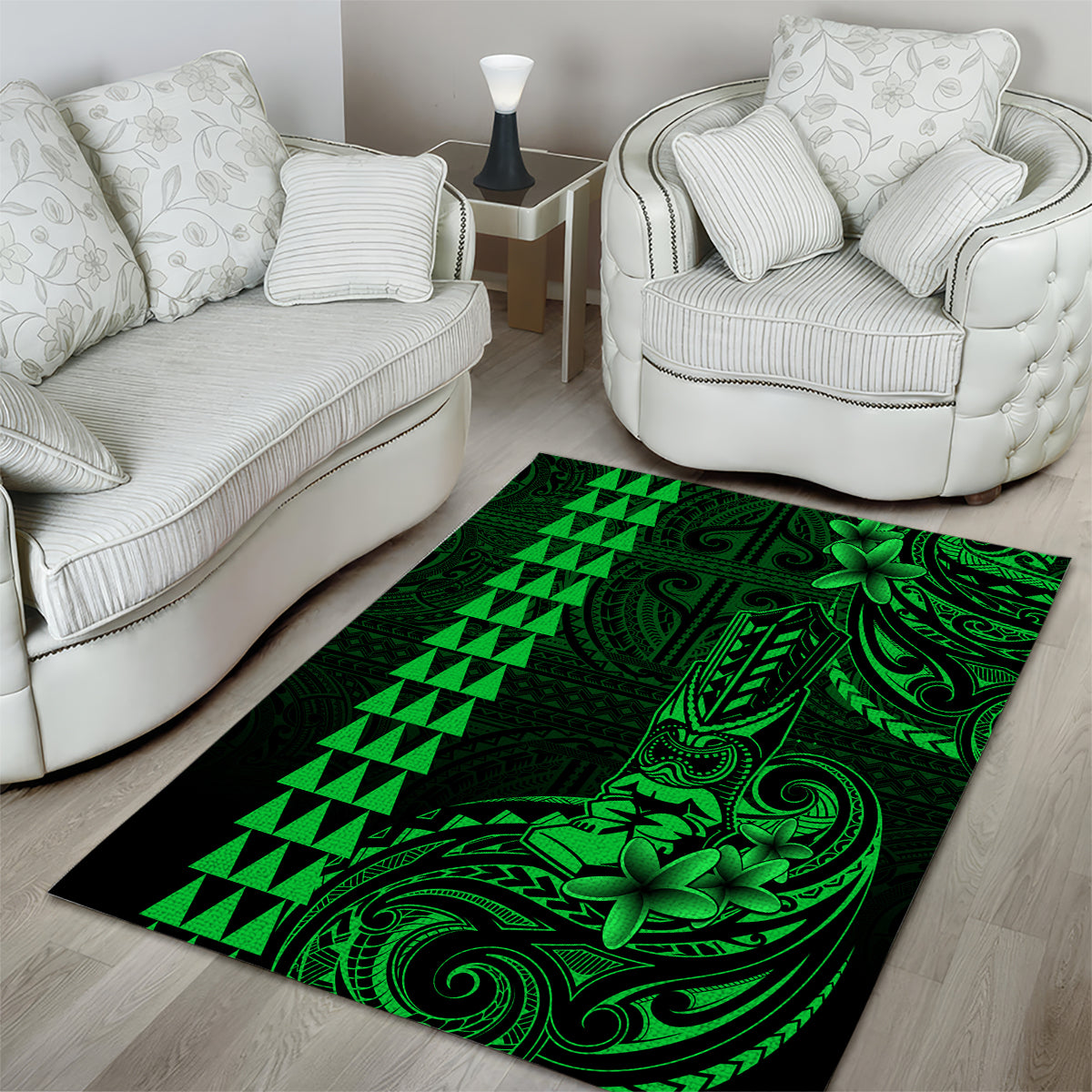 Hawaii Hauoli Makahiki Hou Area Rug Lono Hawaiian God Kakau Polynesian Tribal Green LT05 - Polynesian Pride