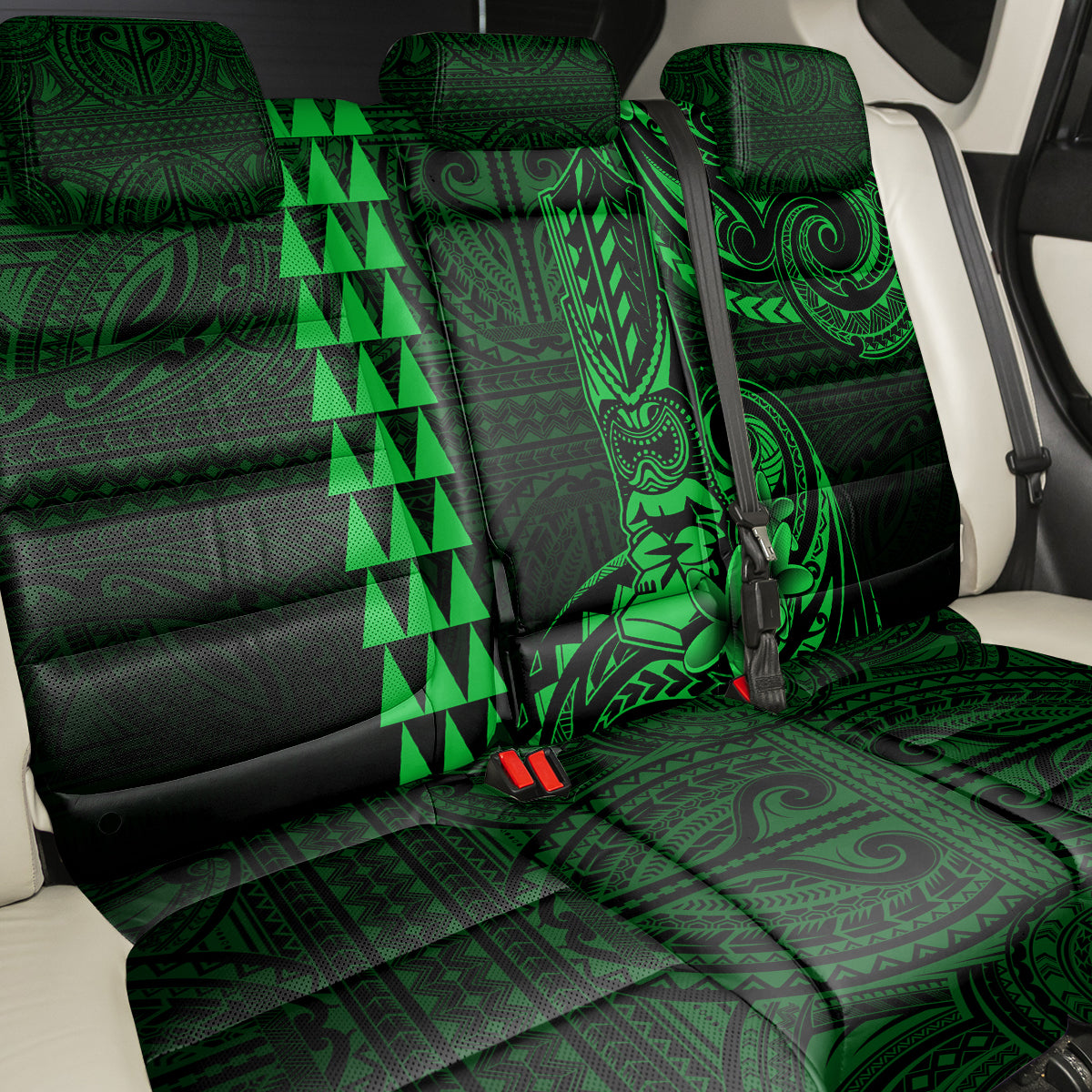 Hawaii Hauoli Makahiki Hou Back Car Seat Cover Lono Hawaiian God Kakau Polynesian Tribal Green