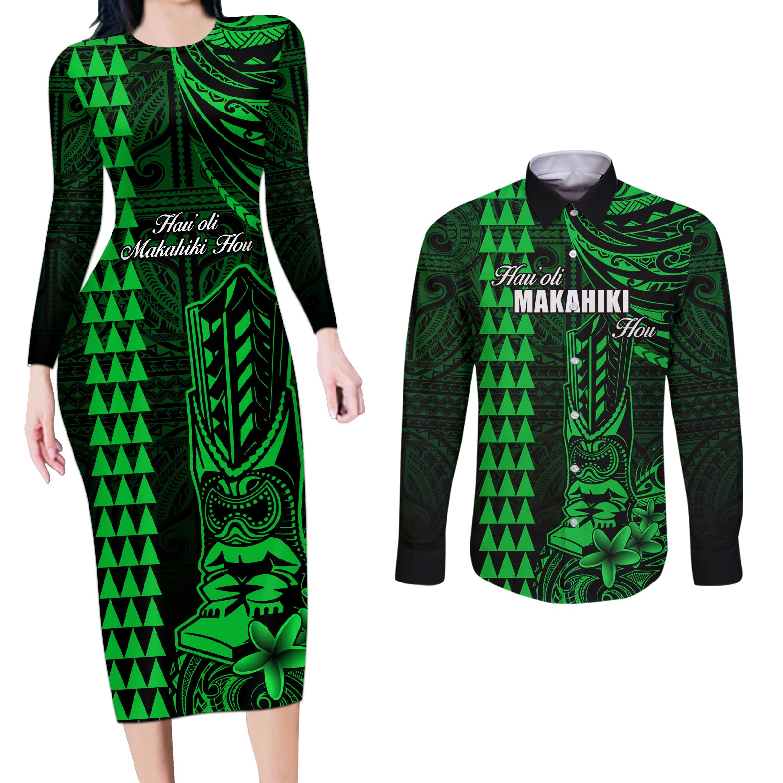 Personalized Hawaii Hauoli Makahiki Hou Couples Matching Long Sleeve Bodycon Dress and Long Sleeve Button Shirts Lono Hawaiian God Kakau Polynesian Tribal Green LT05 Green - Polynesian Pride