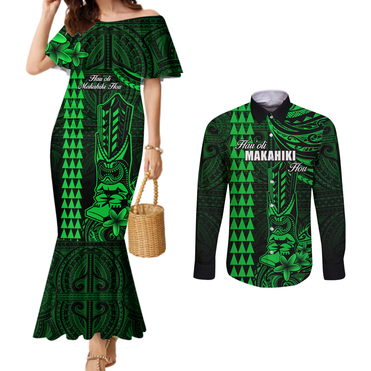 Personalized Hawaii Hauoli Makahiki Hou Couples Matching Mermaid Dress and Long Sleeve Button Shirts Lono Hawaiian God Kakau Polynesian Tribal Green LT05 Green - Polynesian Pride