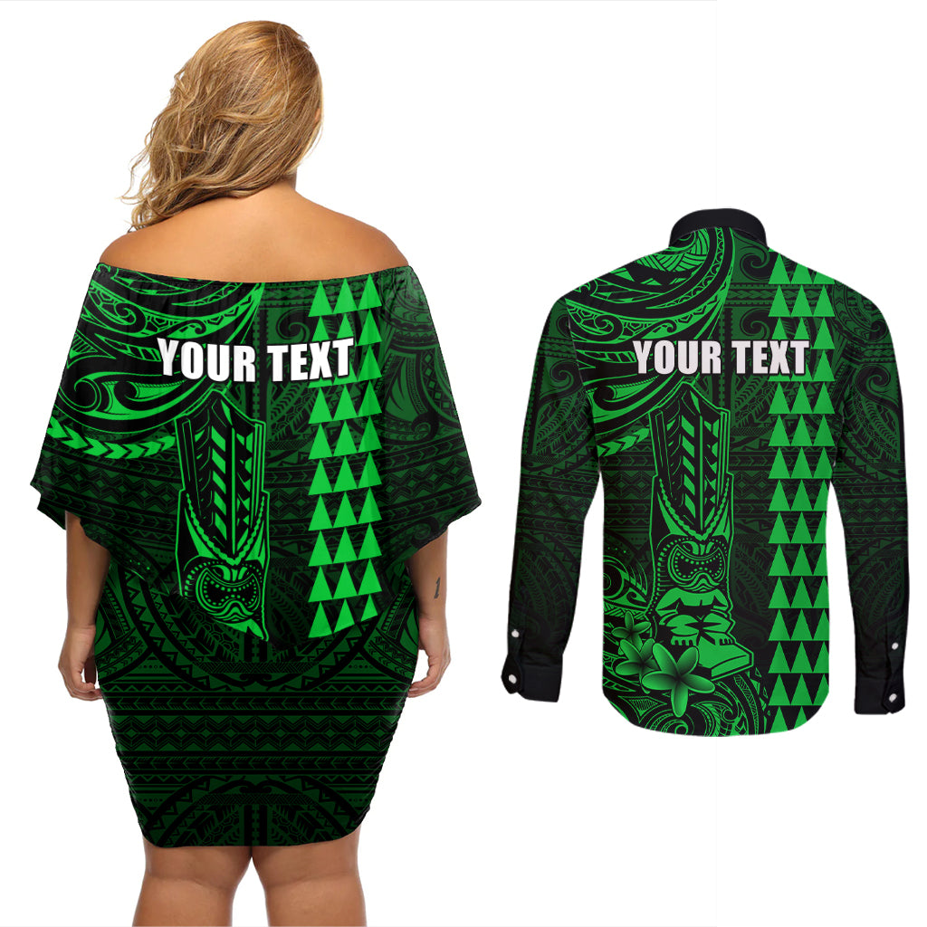 Personalized Hawaii Hauoli Makahiki Hou Couples Matching Off Shoulder Short Dress and Long Sleeve Button Shirts Lono Hawaiian God Kakau Polynesian Tribal Green LT05 - Polynesian Pride