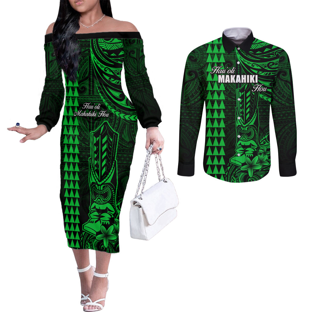 Personalized Hawaii Hauoli Makahiki Hou Couples Matching Off The Shoulder Long Sleeve Dress and Long Sleeve Button Shirts Lono Hawaiian God Kakau Polynesian Tribal Green LT05 Green - Polynesian Pride
