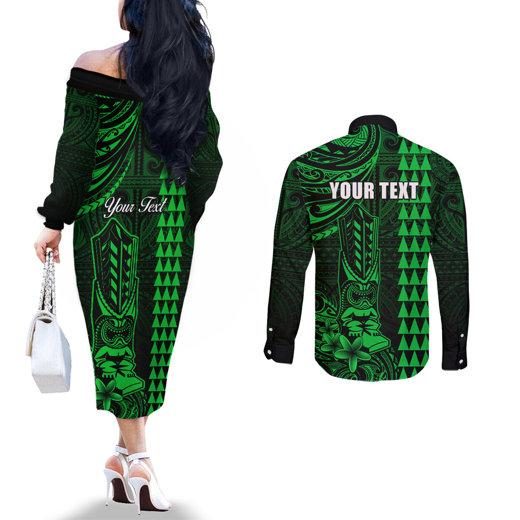 Personalized Hawaii Hauoli Makahiki Hou Couples Matching Off The Shoulder Long Sleeve Dress and Long Sleeve Button Shirts Lono Hawaiian God Kakau Polynesian Tribal Green LT05 - Polynesian Pride
