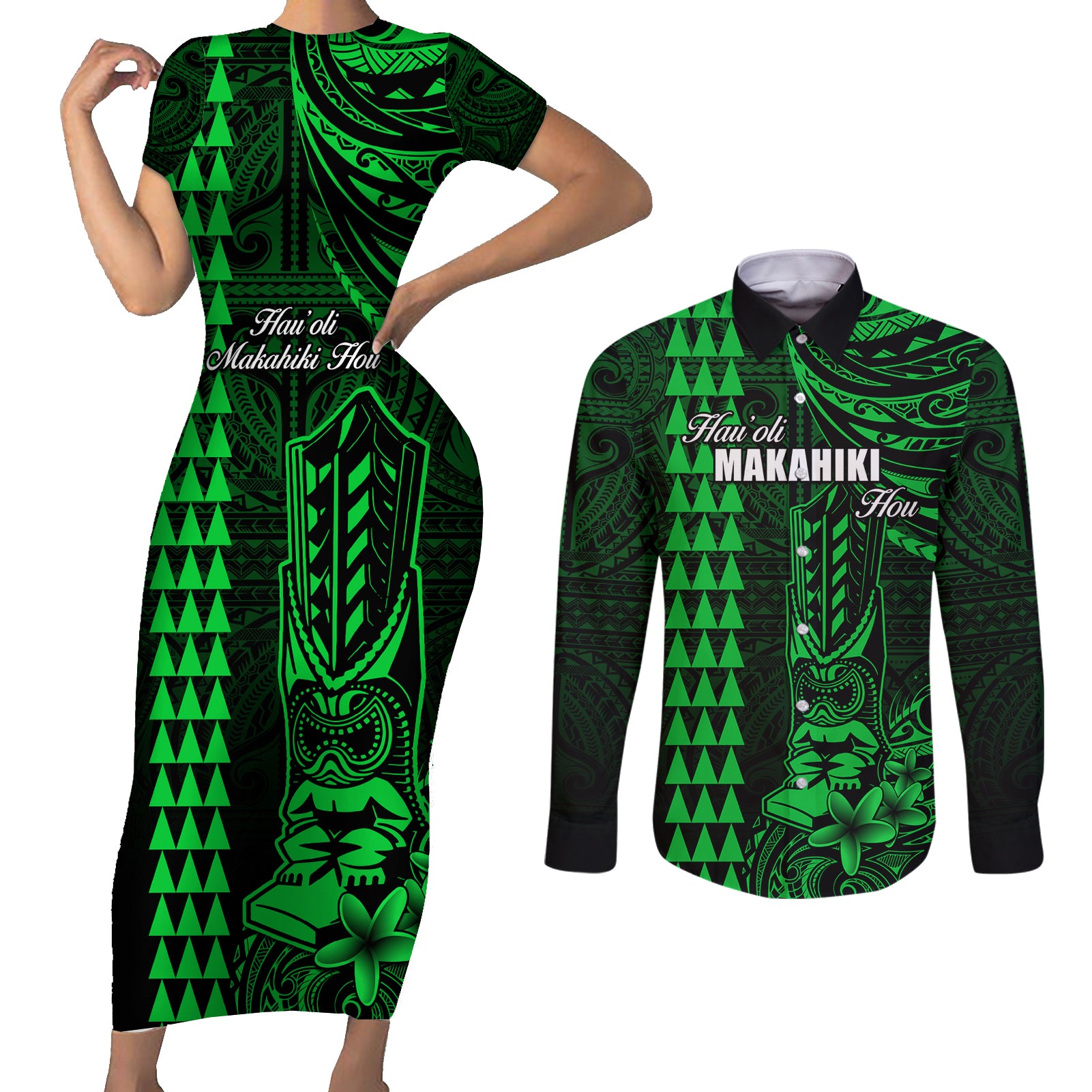 Personalized Hawaii Hauoli Makahiki Hou Couples Matching Short Sleeve Bodycon Dress and Long Sleeve Button Shirts Lono Hawaiian God Kakau Polynesian Tribal Green LT05 Green - Polynesian Pride