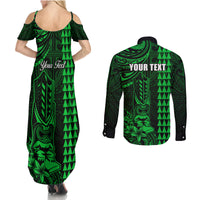 Personalized Hawaii Hauoli Makahiki Hou Couples Matching Summer Maxi Dress and Long Sleeve Button Shirts Lono Hawaiian God Kakau Polynesian Tribal Green LT05 - Polynesian Pride