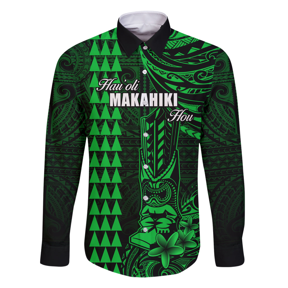 Personalized Hawaii Hauoli Makahiki Hou Family Matching Off Shoulder Maxi Dress and Hawaiian Shirt Lono Hawaiian God Kakau Polynesian Tribal Green LT05 Dad's Shirt - Long Sleeve Green - Polynesian Pride
