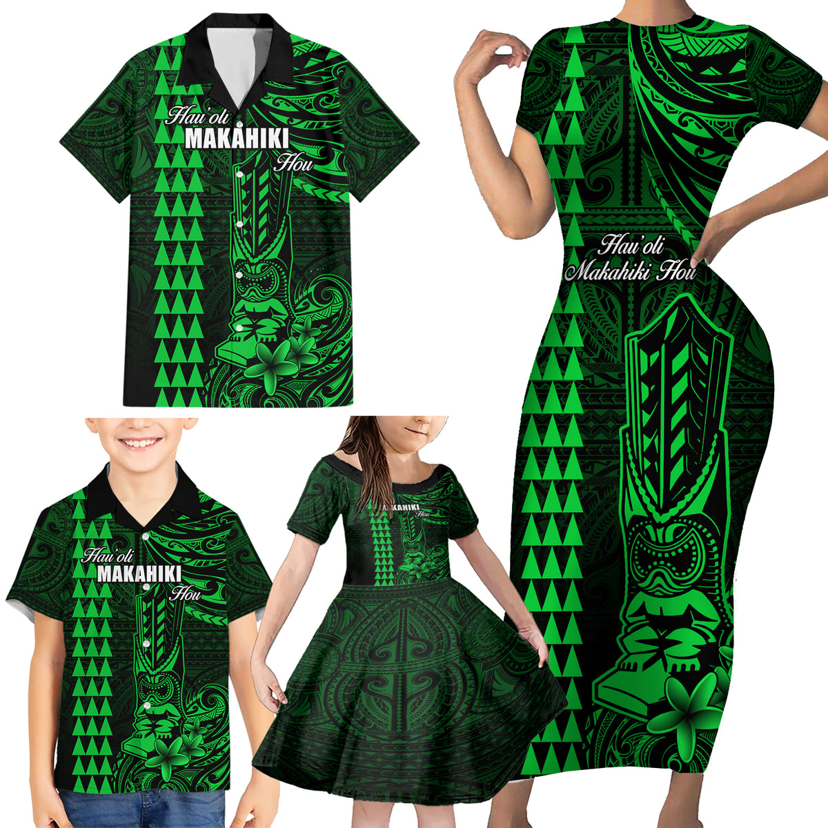 Personalized Hawaii Hauoli Makahiki Hou Family Matching Short Sleeve Bodycon Dress and Hawaiian Shirt Lono Hawaiian God Kakau Polynesian Tribal Green LT05 - Polynesian Pride