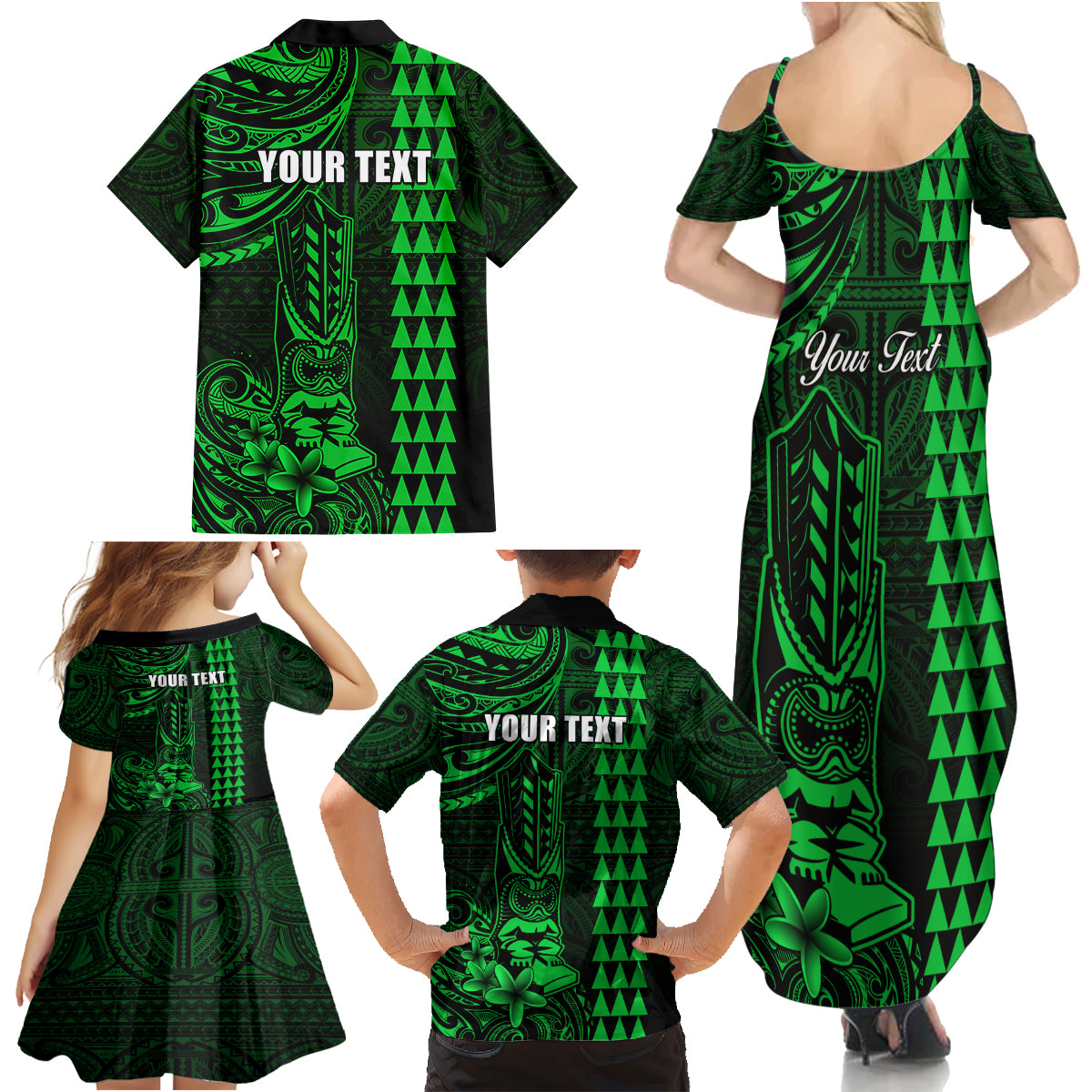 Personalized Hawaii Hauoli Makahiki Hou Family Matching Summer Maxi Dress and Hawaiian Shirt Lono Hawaiian God Kakau Polynesian Tribal Green LT05 - Polynesian Pride