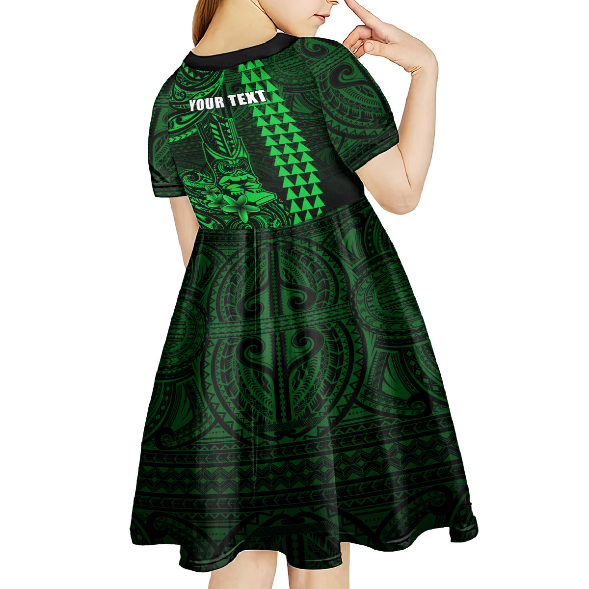 Personalized Hawaii Hauoli Makahiki Hou Kid Short Sleeve Dress Lono Hawaiian God Kakau Polynesian Tribal Green LT05 - Polynesian Pride