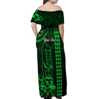 Personalized Hawaii Hauoli Makahiki Hou Off Shoulder Maxi Dress Lono Hawaiian God Kakau Polynesian Tribal Green LT05 - Polynesian Pride
