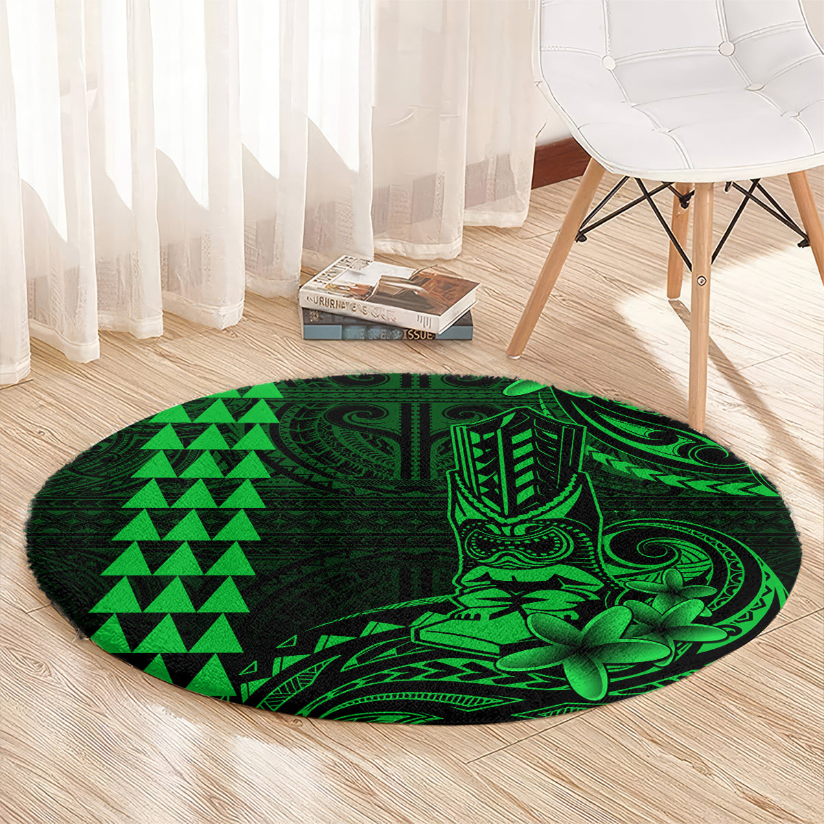Hawaii Hauoli Makahiki Hou Round Carpet Lono Hawaiian God Kakau Polynesian Tribal Green LT05 - Polynesian Pride
