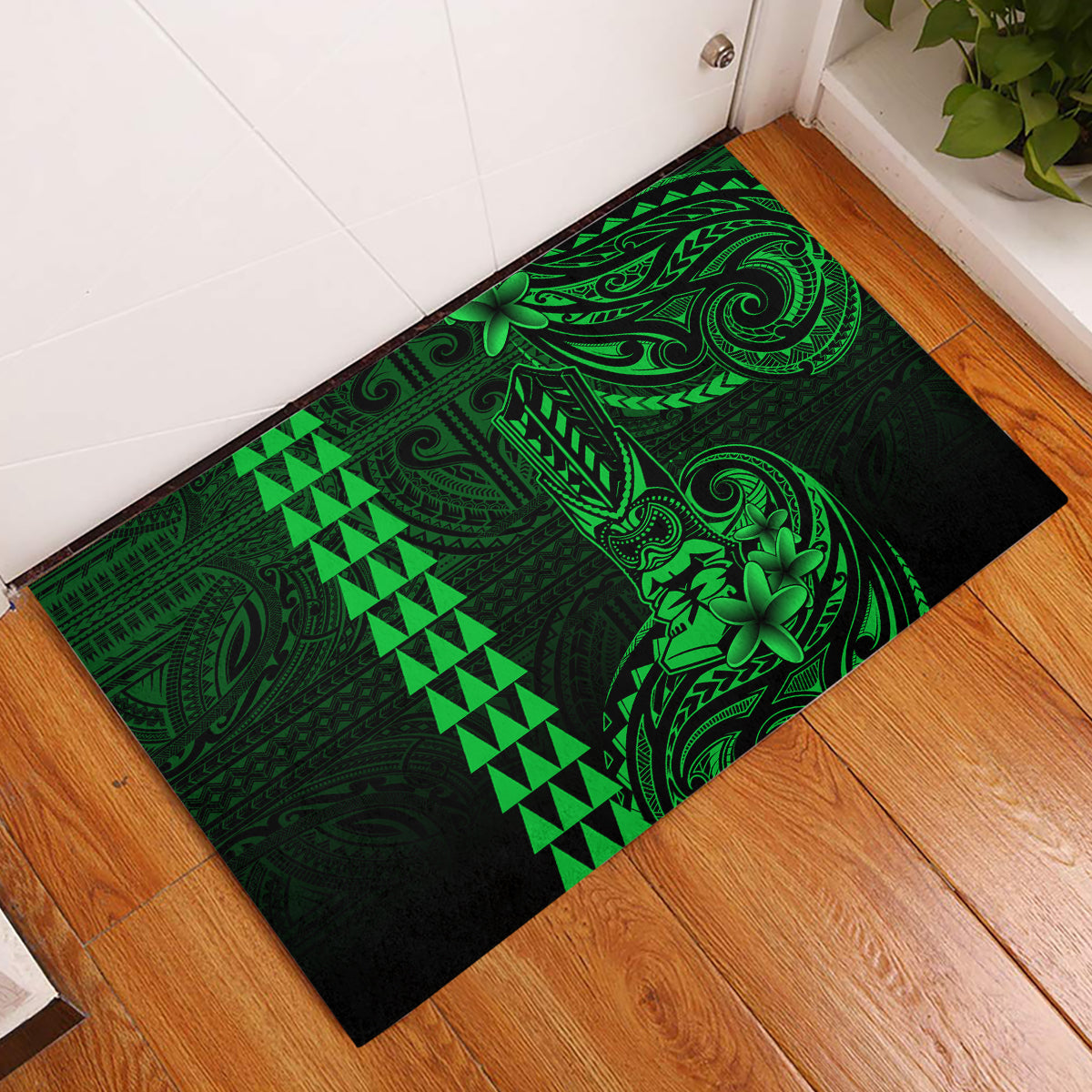 Hawaii Hauoli Makahiki Hou Rubber Doormat Lono Hawaiian God Kakau Polynesian Tribal Green LT05 Green - Polynesian Pride