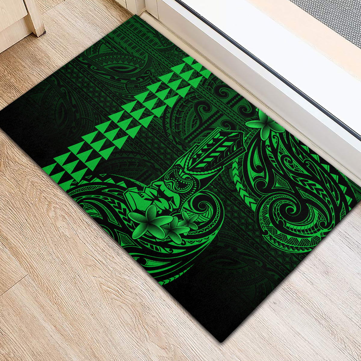 Hawaii Hauoli Makahiki Hou Rubber Doormat Lono Hawaiian God Kakau Polynesian Tribal Green LT05 - Polynesian Pride