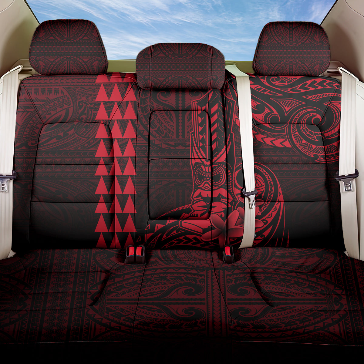 Hawaii Hauoli Makahiki Hou Back Car Seat Cover Lono Hawaiian God Kakau Polynesian Tribal Red