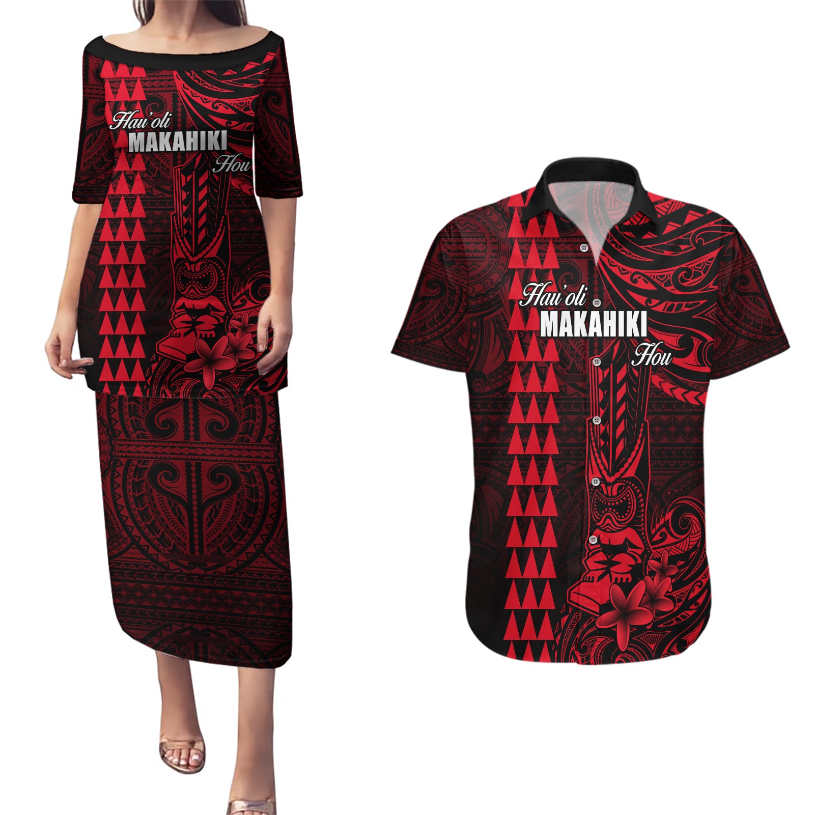 Personalized Hawaii Hauoli Makahiki Hou Couples Matching Puletasi Dress and Hawaiian Shirt Lono Hawaiian God Kakau Polynesian Tribal Red LT05 Red - Polynesian Pride