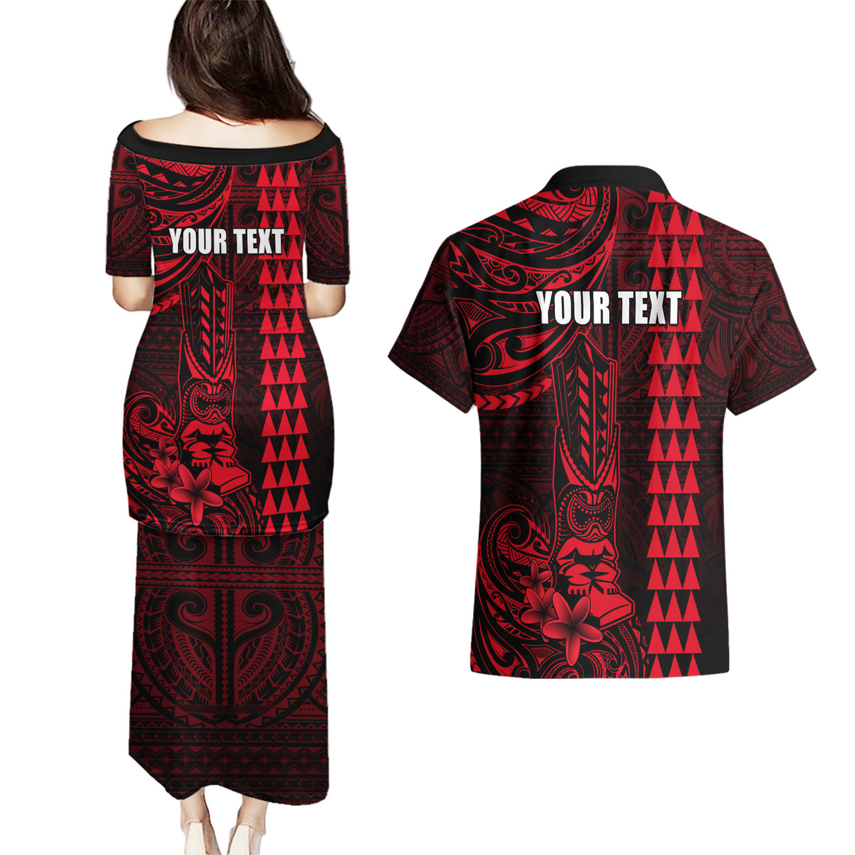 Personalized Hawaii Hauoli Makahiki Hou Couples Matching Puletasi Dress and Hawaiian Shirt Lono Hawaiian God Kakau Polynesian Tribal Red LT05 - Polynesian Pride