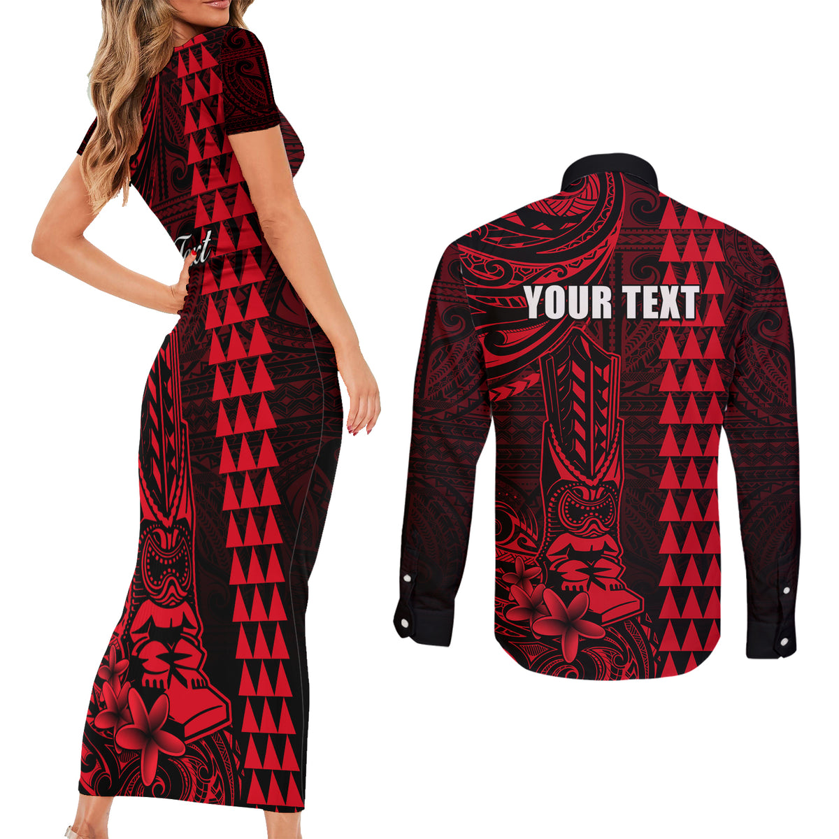 Personalized Hawaii Hauoli Makahiki Hou Couples Matching Short Sleeve Bodycon Dress and Long Sleeve Button Shirts Lono Hawaiian God Kakau Polynesian Tribal Red LT05 - Polynesian Pride