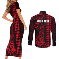 Personalized Hawaii Hauoli Makahiki Hou Couples Matching Short Sleeve Bodycon Dress and Long Sleeve Button Shirts Lono Hawaiian God Kakau Polynesian Tribal Red LT05 - Polynesian Pride
