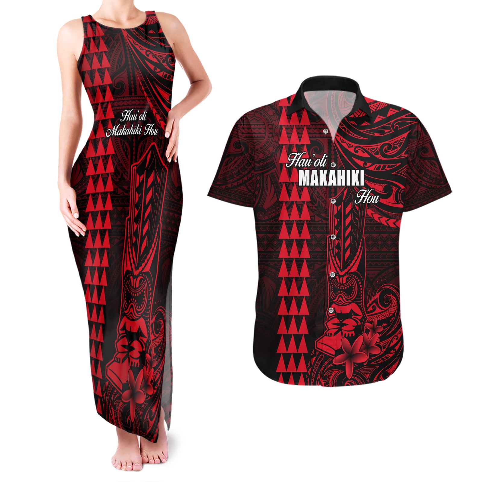 Personalized Hawaii Hauoli Makahiki Hou Couples Matching Tank Maxi Dress and Hawaiian Shirt Lono Hawaiian God Kakau Polynesian Tribal Red LT05 Red - Polynesian Pride