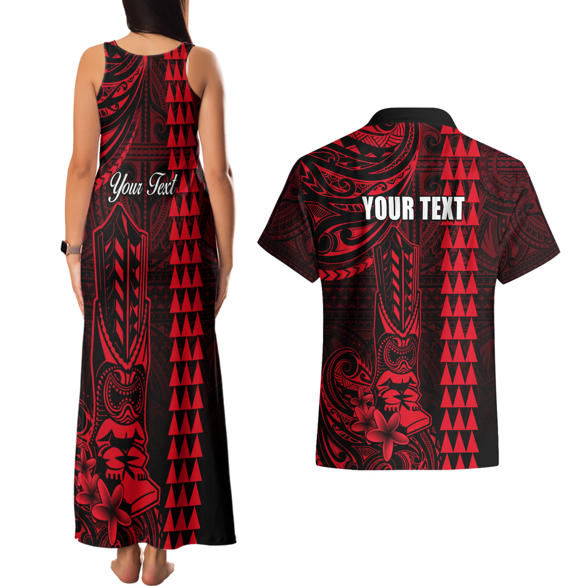 Personalized Hawaii Hauoli Makahiki Hou Couples Matching Tank Maxi Dress and Hawaiian Shirt Lono Hawaiian God Kakau Polynesian Tribal Red LT05 - Polynesian Pride