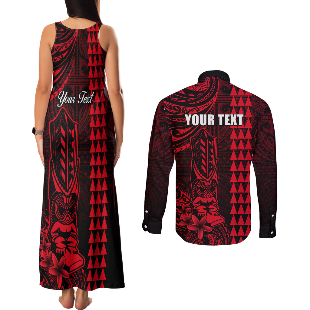 Personalized Hawaii Hauoli Makahiki Hou Couples Matching Tank Maxi Dress and Long Sleeve Button Shirts Lono Hawaiian God Kakau Polynesian Tribal Red LT05 - Polynesian Pride
