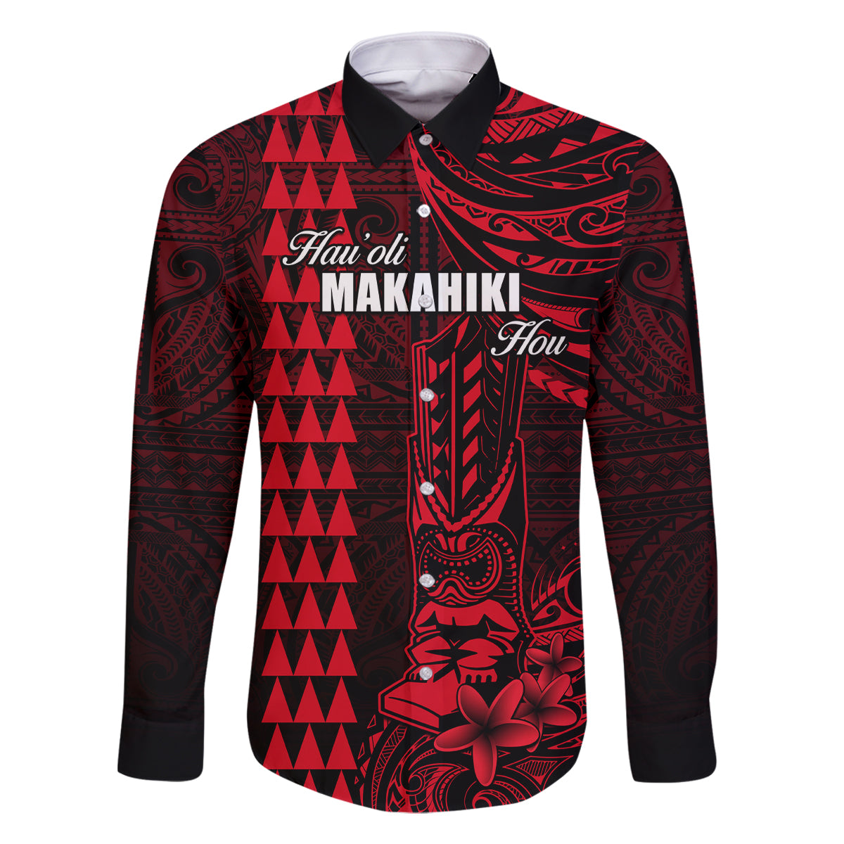 Personalized Hawaii Hauoli Makahiki Hou Family Matching Off Shoulder Long Sleeve Dress and Hawaiian Shirt Lono Hawaiian God Kakau Polynesian Tribal Red LT05 Dad's Shirt - Long Sleeve Red - Polynesian Pride