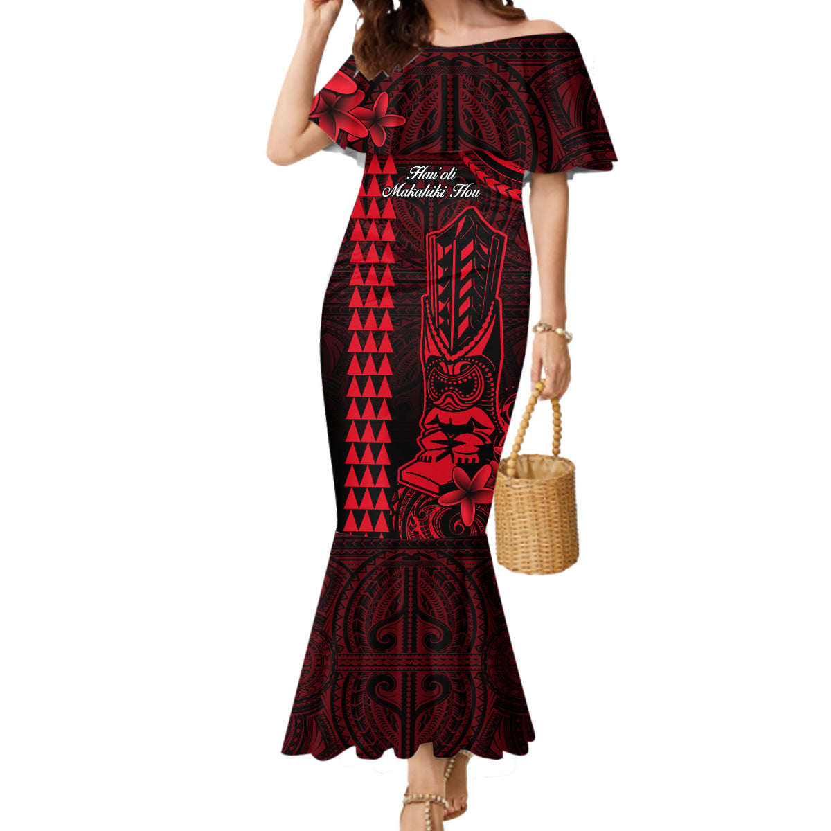 Personalized Hawaii Hauoli Makahiki Hou Mermaid Dress Lono Hawaiian God Kakau Polynesian Tribal Red LT05 Women Red - Polynesian Pride