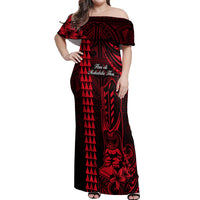 Personalized Hawaii Hauoli Makahiki Hou Off Shoulder Maxi Dress Lono Hawaiian God Kakau Polynesian Tribal Red LT05 Women Red - Polynesian Pride