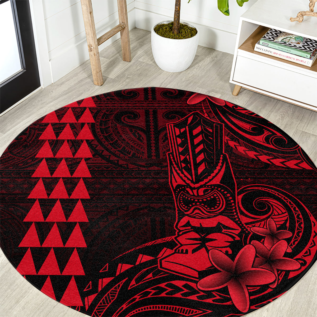 Hawaii Hauoli Makahiki Hou Round Carpet Lono Hawaiian God Kakau Polynesian Tribal Red LT05 Red - Polynesian Pride