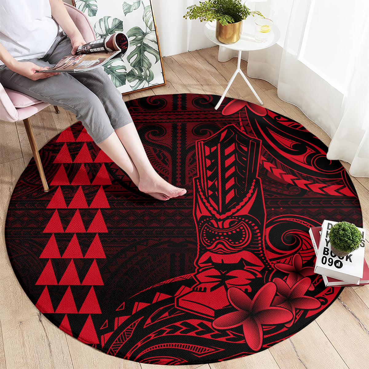 Hawaii Hauoli Makahiki Hou Round Carpet Lono Hawaiian God Kakau Polynesian Tribal Red LT05 - Polynesian Pride