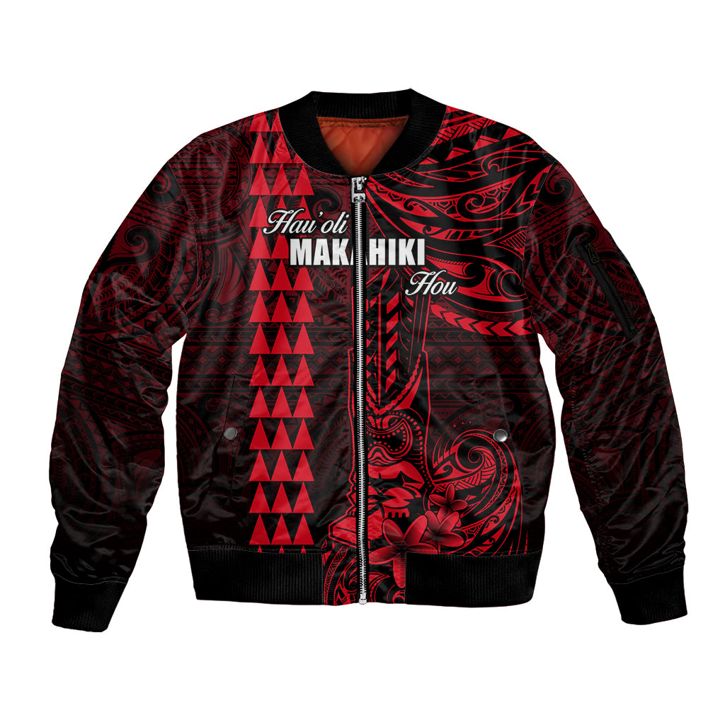 Personalized Hawaii Hauoli Makahiki Hou Sleeve Zip Bomber Jacket Lono Hawaiian God Kakau Polynesian Tribal Red LT05 Unisex Red - Polynesian Pride