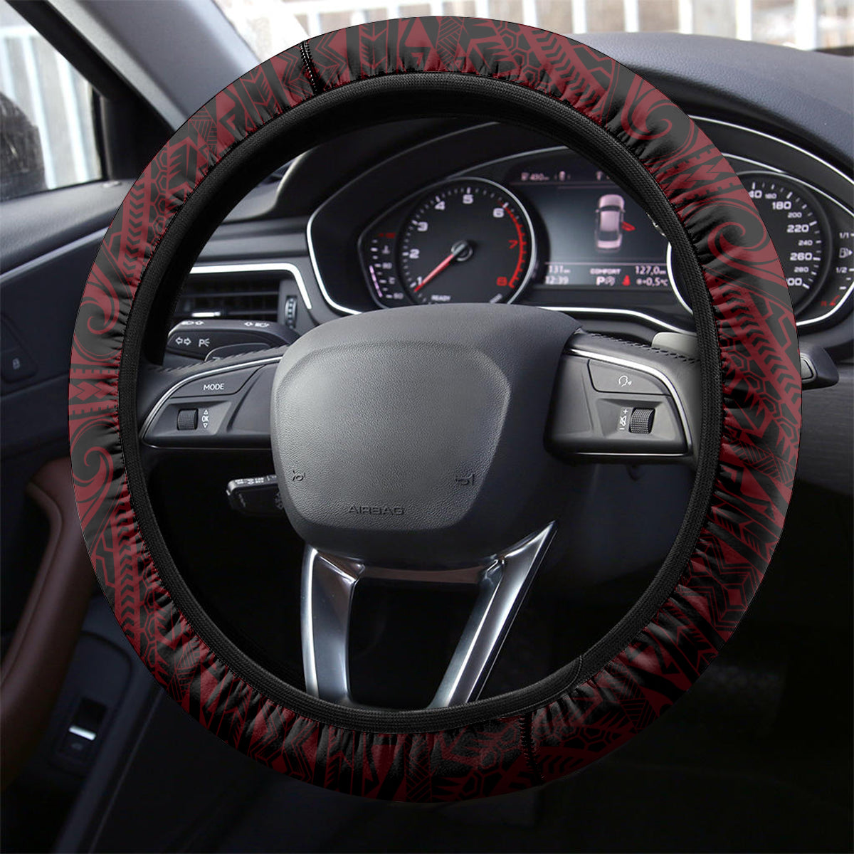 Hawaii Hauoli Makahiki Hou Steering Wheel Cover Lono Hawaiian God Kakau Polynesian Tribal Red