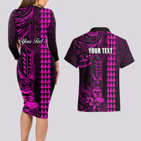 Personalized Hawaii Hauoli Makahiki Hou Couples Matching Long Sleeve Bodycon Dress and Hawaiian Shirt Lono Hawaiian God Kakau Polynesian Tribal Pink LT05 - Polynesian Pride