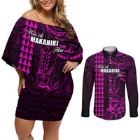 Personalized Hawaii Hauoli Makahiki Hou Couples Matching Off Shoulder Short Dress and Long Sleeve Button Shirts Lono Hawaiian God Kakau Polynesian Tribal Pink LT05 Pink - Polynesian Pride