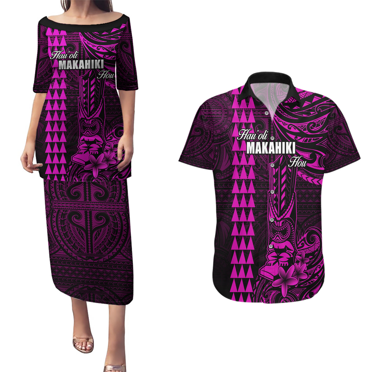 Personalized Hawaii Hauoli Makahiki Hou Couples Matching Puletasi Dress and Hawaiian Shirt Lono Hawaiian God Kakau Polynesian Tribal Pink LT05 Pink - Polynesian Pride