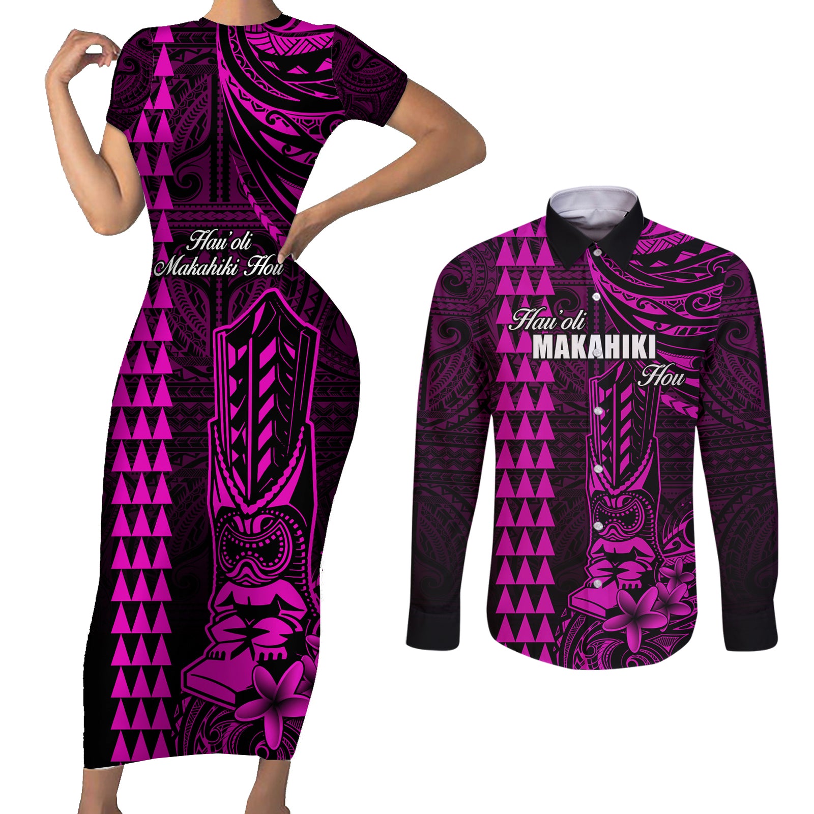 Personalized Hawaii Hauoli Makahiki Hou Couples Matching Short Sleeve Bodycon Dress and Long Sleeve Button Shirts Lono Hawaiian God Kakau Polynesian Tribal Pink LT05 Pink - Polynesian Pride