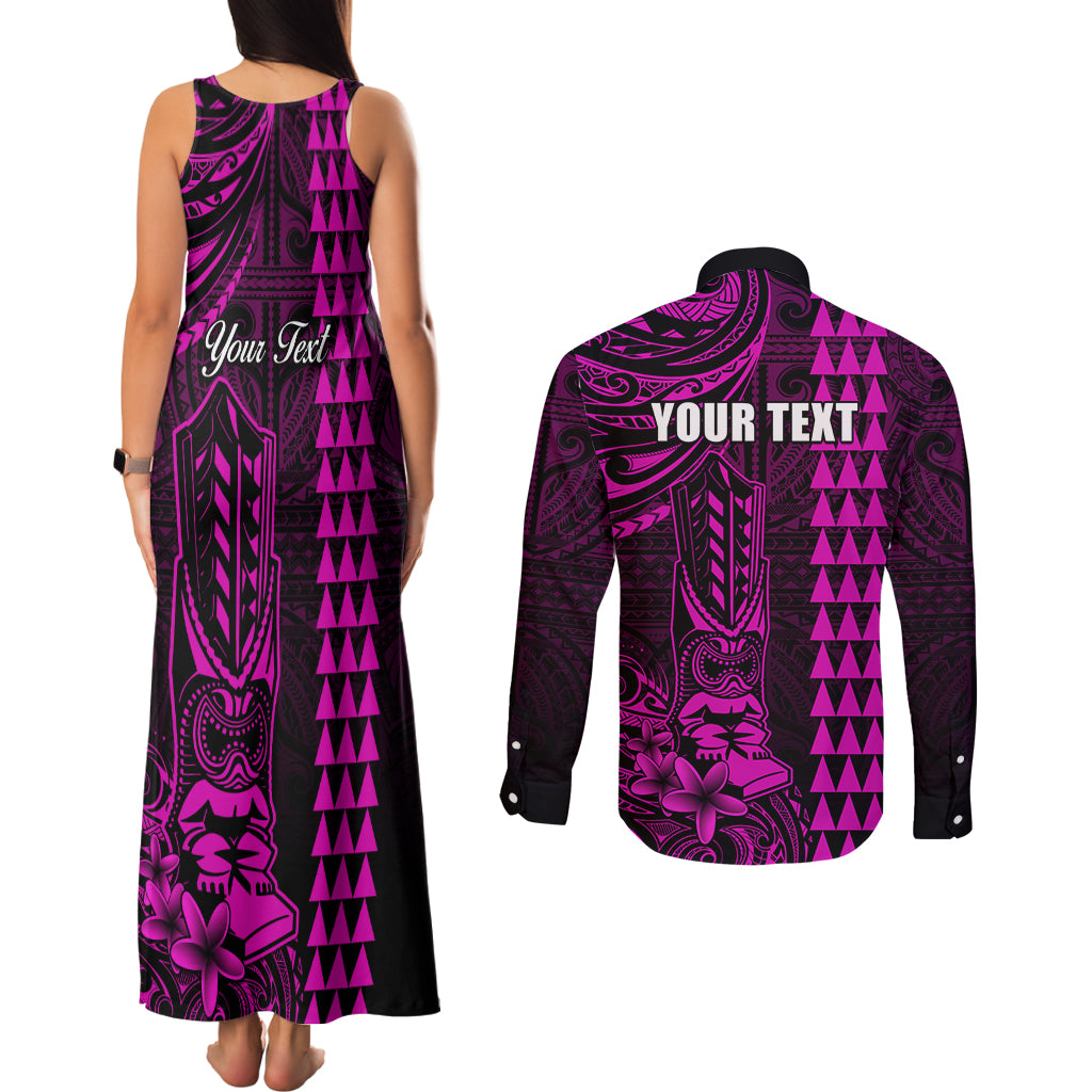 Personalized Hawaii Hauoli Makahiki Hou Couples Matching Tank Maxi Dress and Long Sleeve Button Shirts Lono Hawaiian God Kakau Polynesian Tribal Pink LT05 - Polynesian Pride