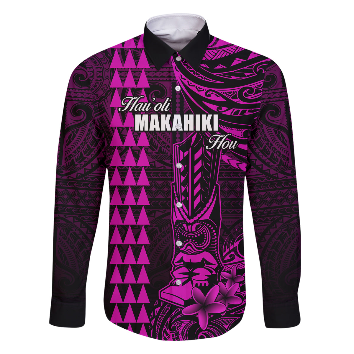 Personalized Hawaii Hauoli Makahiki Hou Family Matching Long Sleeve Bodycon Dress and Hawaiian Shirt Lono Hawaiian God Kakau Polynesian Tribal Pink LT05 Dad's Shirt - Long Sleeve Pink - Polynesian Pride