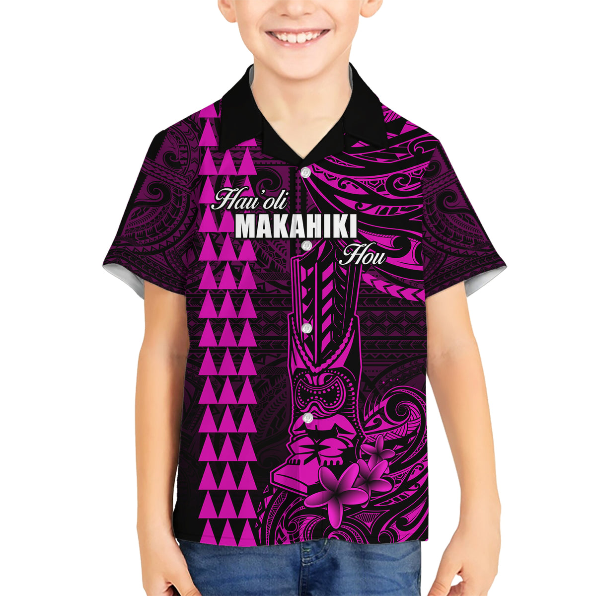 Personalized Hawaii Hauoli Makahiki Hou Family Matching Short Sleeve Bodycon Dress and Hawaiian Shirt Lono Hawaiian God Kakau Polynesian Tribal Pink LT05 Son's Shirt Pink - Polynesian Pride