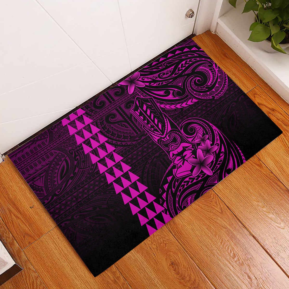 Hawaii Hauoli Makahiki Hou Rubber Doormat Lono Hawaiian God Kakau Polynesian Tribal Pink LT05 Pink - Polynesian Pride