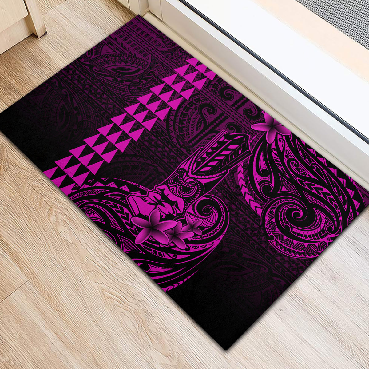 Hawaii Hauoli Makahiki Hou Rubber Doormat Lono Hawaiian God Kakau Polynesian Tribal Pink LT05 - Polynesian Pride