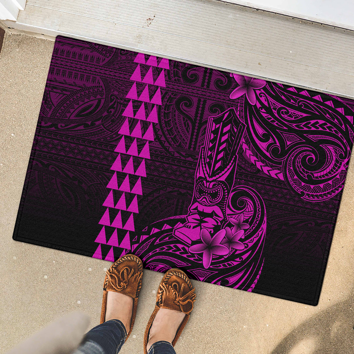 Hawaii Hauoli Makahiki Hou Rubber Doormat Lono Hawaiian God Kakau Polynesian Tribal Pink LT05 - Polynesian Pride