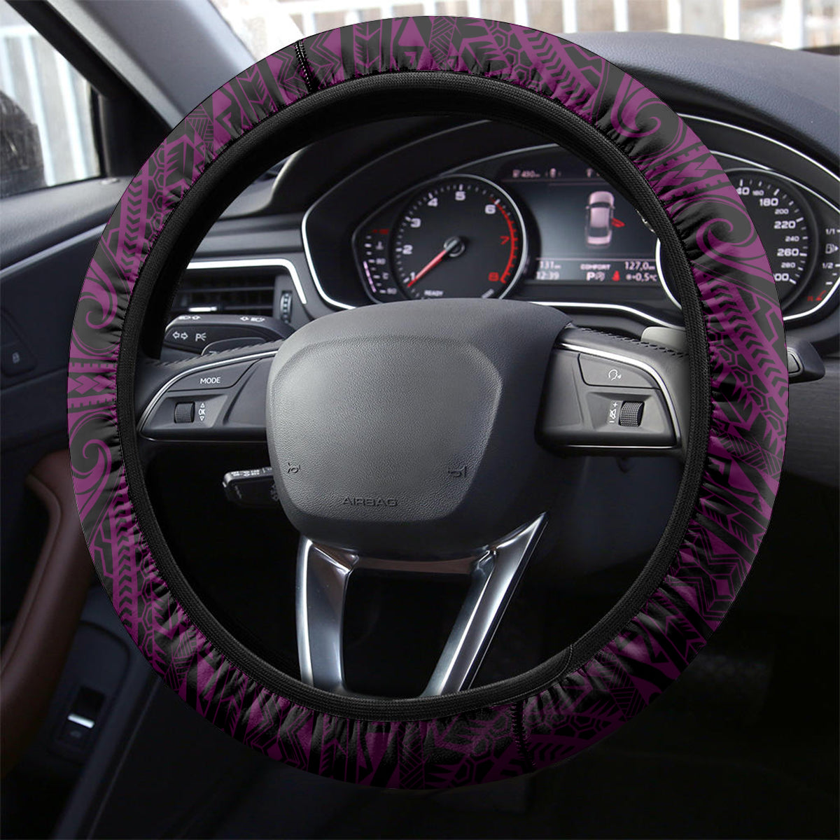 Hawaii Hauoli Makahiki Hou Steering Wheel Cover Lono Hawaiian God Kakau Polynesian Tribal Pink