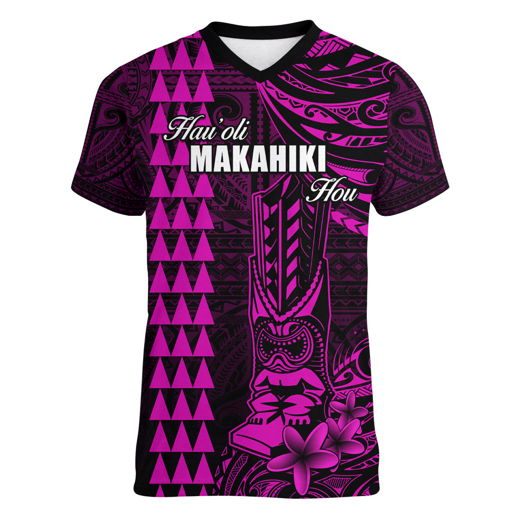 Personalized Hawaii Hauoli Makahiki Hou Women V Neck T Shirt Lono Hawaiian God Kakau Polynesian Tribal Pink LT05 Female Pink - Polynesian Pride
